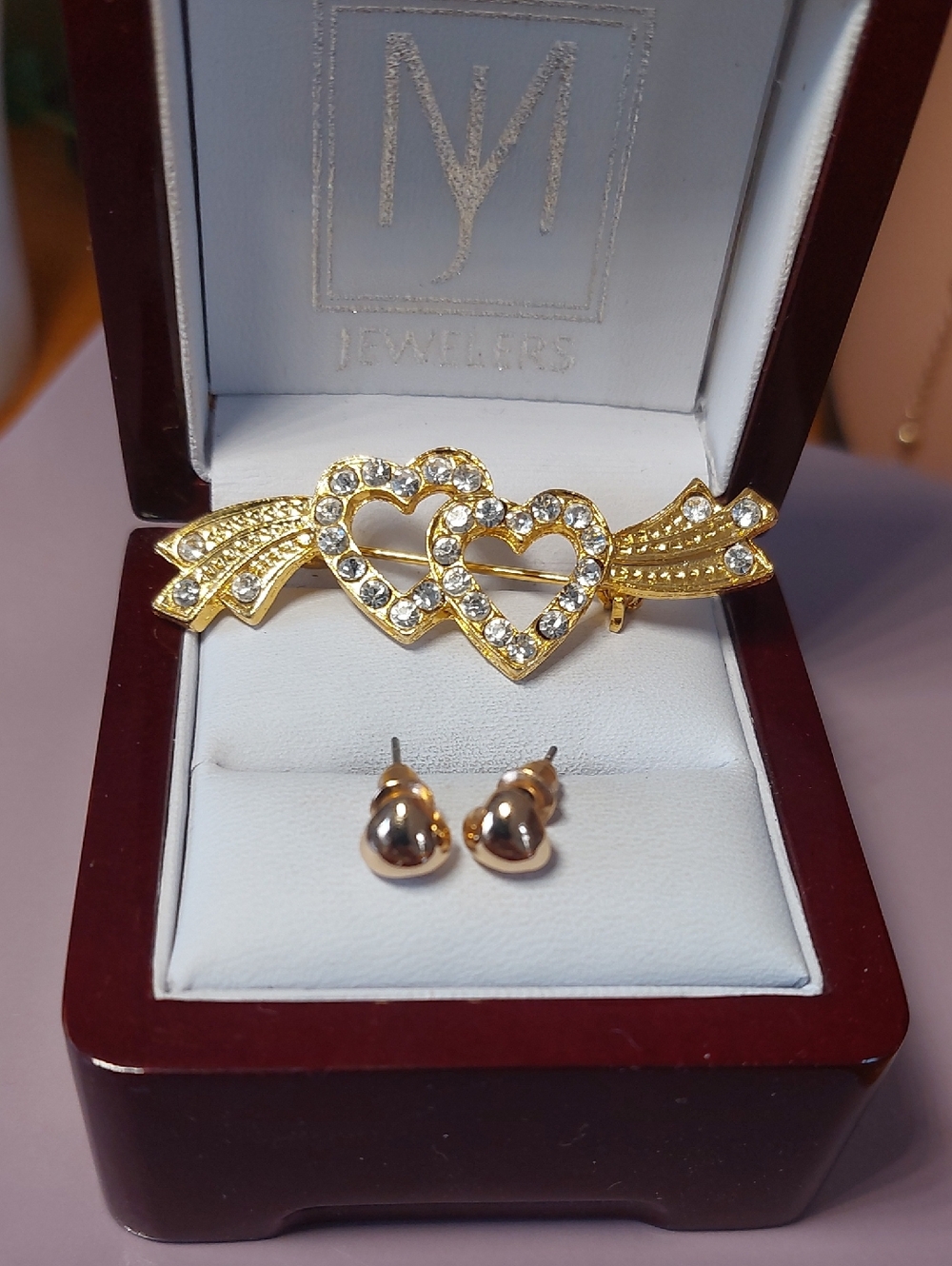 Goldtone Crystal Heart Brooch & Heart Studs